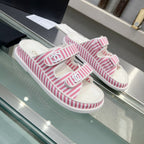 CHANEL Stripes Casual  Flat Sandals Light Pink White