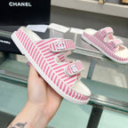 CHANEL Stripes Casual  Flat Sandals Light Pink White
