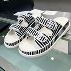 CHANEL Women's Stripes Casual  Flat Sandals Black White