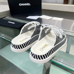 CHANEL Women's Stripes Casual  Flat Sandals Black White