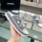 CHANEL Women's Stripes Casual  Flat Sandals Black White