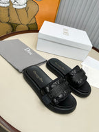 DIOR PLATFORM SLIDES 25S 50MM IN BLACK CALFSKIN AND ELECTRIC FABRIC