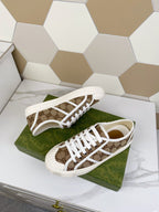 GUCCI JULIO SNEAKER WITH WEB BROWN PATTERNED CANVAS