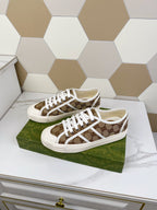 GUCCI JULIO SNEAKER WITH WEB BROWN PATTERNED CANVAS