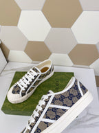 GUCCI JULIO SNEAKER WITH WEB NAVY PATTERNED CANVAS