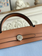 HERMES ZIP CABINE 31 BAG IN LIGHT BLUE CANVAS AND BRONZE BROWN CALFSKIN