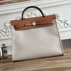 HERMES ZIP CABINE 31 BAG IN PALE GRAY CANVAS AND BRONZE BROWN CALFSKIN