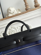 HERMES ZIP CABINE 31 BAG IN NAVY BLUE CANVAS AND BLACK CALFSKIN