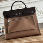 HERMES ZIP CABINE 31 BAG IN CHOCOLATE BROWN CANVAS AND BLACK CALFSKIN