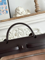 HERMES ZIP CABINE 31 BAG IN CHOCOLATE BROWN CANVAS AND BLACK CALFSKIN