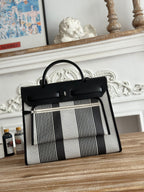 HERMES ZIP CABINE 31 BAG IN BLACK MIX WHITE CANVAS AND CALFSKIN