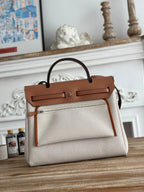 HERMES HERBAG ZIP 31 LAQUERED BAG IN OFF-WHITE MIX RED H PLUME CANVAS