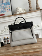 HERMES HERBAG ZIP 31 LAQUERED BAG IN OFF-WHITE MIX BLACK H PLUME CANVAS