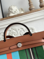 HERMES HERBAG ZIP 31 LAQUERED BAG IN GREEN MIX BLUE H PLUME CANVAS