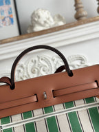 HERMES HERBAG ZIP 31 LAQUERED BAG IN GREEN MIX BLUE H PLUME CANVAS