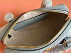 GUCCI OPHIDIA TOP HANDLE BAG 21 IN GREY-GREEN MONOGRAM CANVAS AND CALFSKIN TRIM GOLD HARDWARE