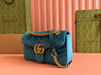 GUCCI 25S  MARMONT 26 CM IN DEEP TEAL BLUE VELVET WITH GOLD HARDWARE