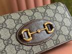 GUCCI HORSEBIT 1955 WALLET IN BEIGE EBONY CANVAS MIX BROWN CALFSKIN GOLD CHAIN