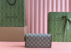 GUCCI HORSEBIT 1955 WALLET IN BEIGE EBONY CANVAS MIX BROWN CALFSKIN GOLD CHAIN