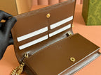 GUCCI HORSEBIT 1955 WALLET IN BEIGE EBONY CANVAS MIX BROWN CALFSKIN GOLD CHAIN