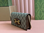 GUCCI HORSEBIT 1955 WALLET IN BEIGE EBONY CANVAS MIX BROWN CALFSKIN GOLD CHAIN
