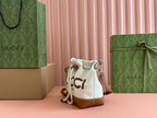 GUCCI SMALL DRAWSTRING SHOULDER BAG 21 IN WHITE CANVAS BROWN CALFSKIN