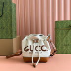 GUCCI SMALL DRAWSTRING SHOULDER BAG 21 IN WHITE CANVAS BROWN CALFSKIN