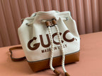 GUCCI SMALL DRAWSTRING SHOULDER BAG 21 IN WHITE CANVAS BROWN CALFSKIN