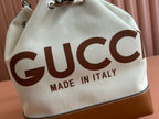 GUCCI DRAWSTRING SHOULDER BAG LOGO PRINT 31 IN WHITE CANVAS BROWN CALFSKIN