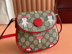 GUCCI CHILDREN'S PRINTED  SHOULDER BAG IN BEIGE AND DARK BROWN  CANVAS RED TRIM