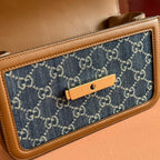 GUCCI GO SMALL SHOULDER BAG 21.5 IN BLUE DENIM BROWN CALFSKIN