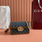 GUCCI GO SMALL SHOULDER BAG 21.5 IN BLUE DENIM BROWN CALFSKIN