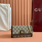 GUCCI OPHIDIA WALLET ON CHAIN 19 IN BEIGE AND DARK BROWN COATED FABRIC AND CALFSKIN