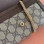 GUCCI OPHIDIA WALLET ON CHAIN 19 IN BEIGE AND DARK BROWN COATED FABRIC AND CALFSKIN