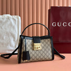 GUCCI 26S PADLOCK TOP HANDLE BAG 25 IN DARK BEIGE AND BLACK CALFSKIN