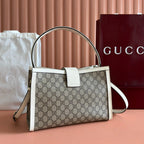 GUCCI 26S PADLOCK TOP HANDLE BAG 31 IN DARK BEIGE AND WHITE CALFSKIN