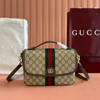 GUCCI 25S OPHIDIA SMALL SHOULDER BAG 24 CM IN BEIGE AND BROWN CALFSKIN
