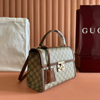 GUCCI 25S PADLOCK BAG 26 IN BEIGE CANVAS AND BROWN CALFSKIN