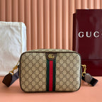 GUCCI 25S OPHIDIA CROSSBODY BAG 28 IN BEIGE CANVAS AND BROWN CALFSKIN