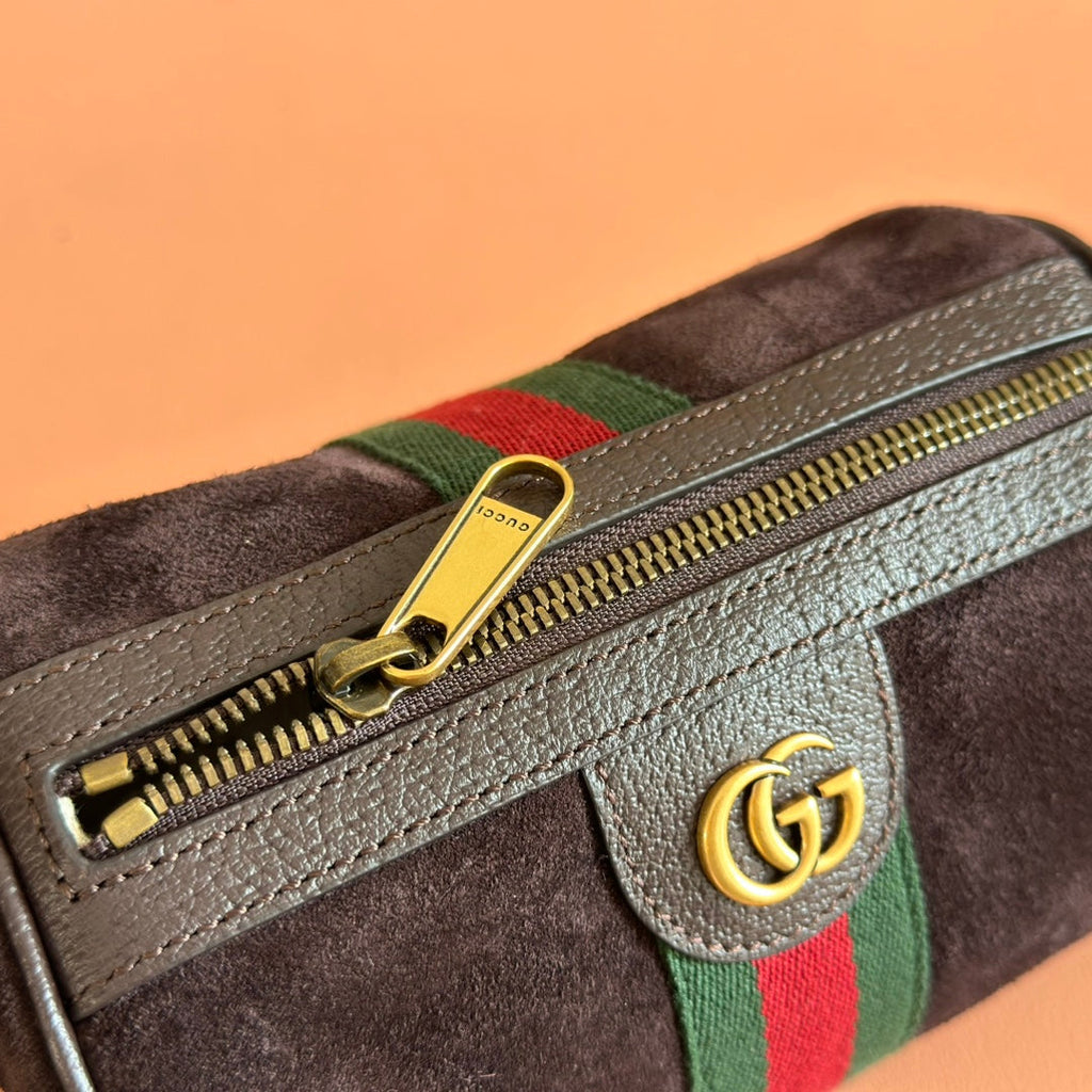 GUCCI 25S OPHIDIA MINI SHOULDER BAG 19 CM IN DARK CHOCOLATE BROWN SUEDE
