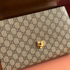GUCCI 25S HORSEBIT 1955 MEDIUM SHOULDER BAG 29 CM IN DARK BEIGE CANVAS AND BROWN CALFSKIN WITH GOLD HARDWARE