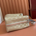 GUCCI 26S  EMBLEM BUCKET BAG 19 IN BEIGE AND SILVER CANVAS