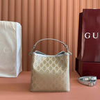 GUCCI 26S  EMBLEM BUCKET BAG 19 IN BEIGE AND SILVER CANVAS