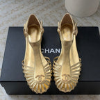 CHANEL Summer New Hollow Roman Sandals Gold Sheepskin