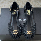 CHANEL Summer New Hollow Roman Sandals Black Sheepskin