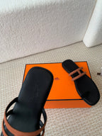 HERMES GEORGIA SANDALS BLACK MIX BROWN CALFSKIN