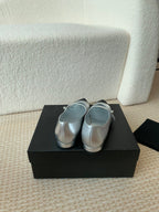 CHANEL Pointed Toe Mary Jane Shoes Silver Mix Black Lambskin