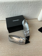 CHANEL Pointed Toe Mary Jane Shoes Silver Mix Black Lambskin