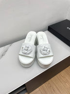 CHANEL WEDGE PLATFORM WHITE LAMBSKIN WITH FLOWER