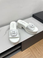 CHANEL WEDGE PLATFORM WHITE LAMBSKIN WITH FLOWER